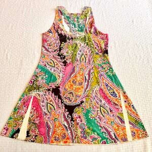 Ocean Blue Boho Paisley Crochet Lace Back Dress Large Multi Color Psychedelic‎